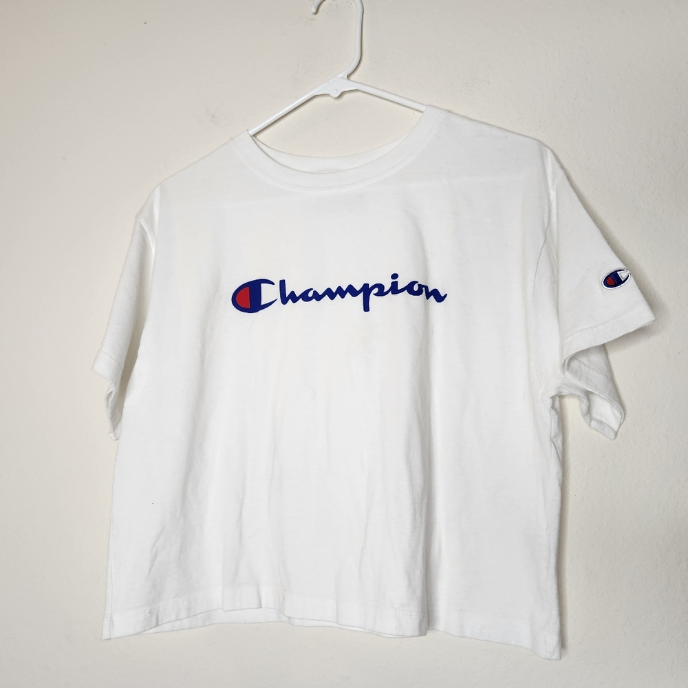 🖤 Champion Womens Medium Retro White Cropped Short Sleeve Top - Picture 2 of 4